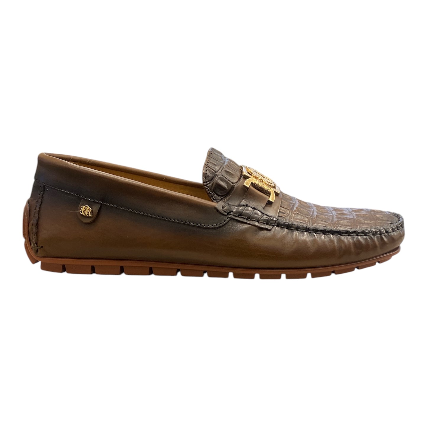 Mocassin souple Homme Cuir Marron Façon Croco avec semelle caoutchouc