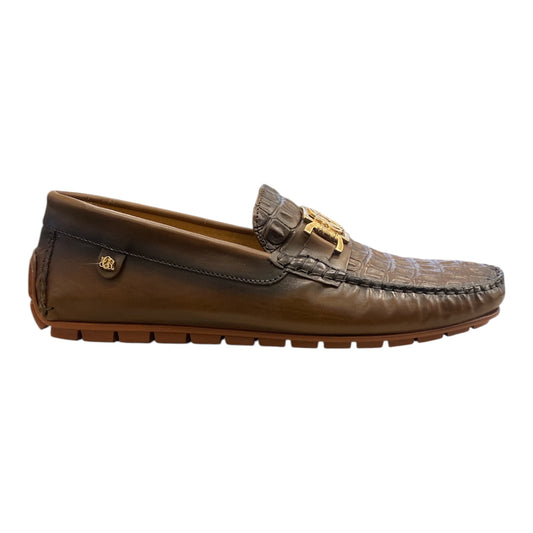 Mocassin souple Homme Cuir Marron Façon Croco avec semelle caoutchouc
