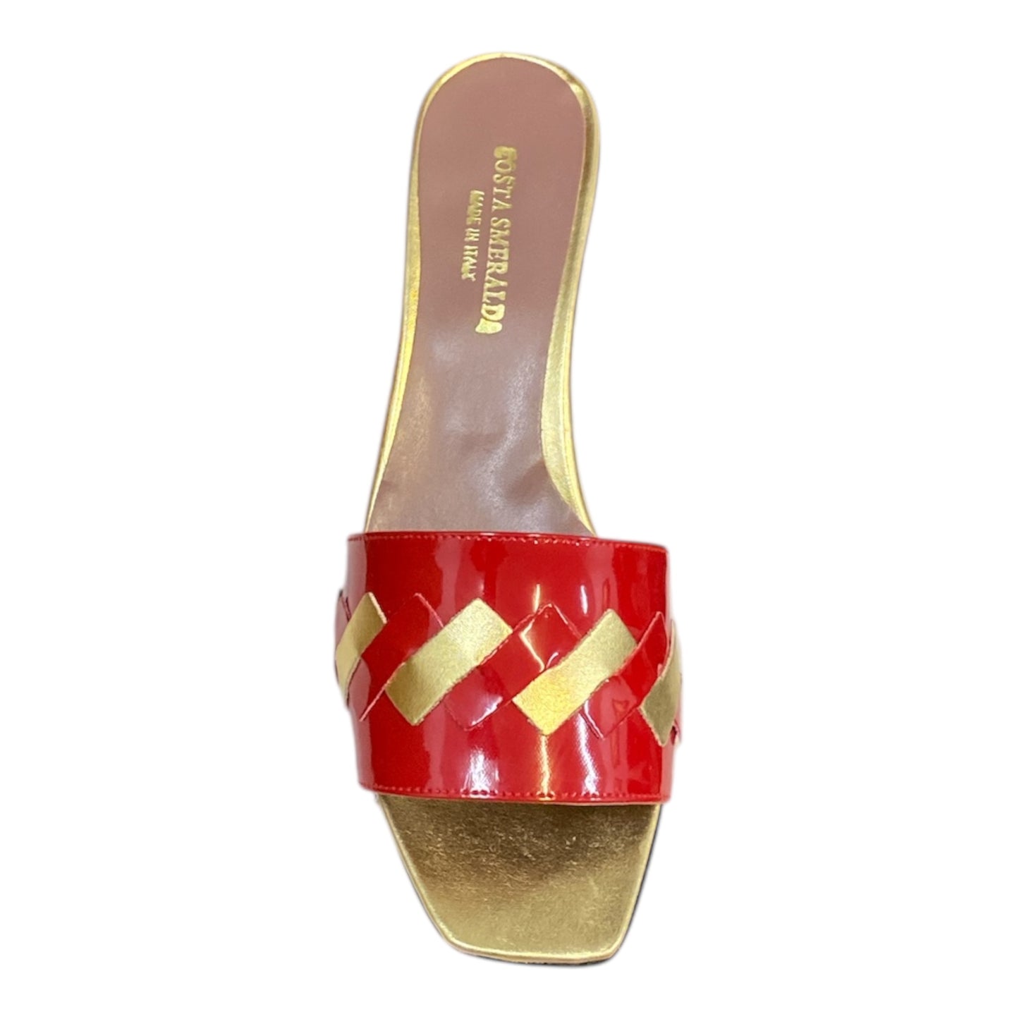 Mules Femmes Cuir Or et Vernis Rouge talon moyen