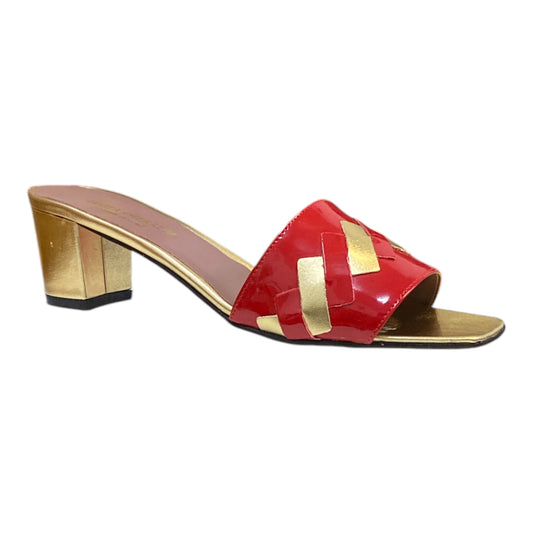 Mules Femmes Cuir Or et Vernis Rouge talon moyen