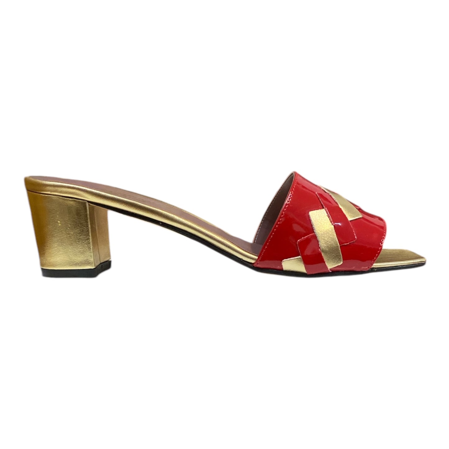 Mules Femmes Cuir Or et Vernis Rouge talon moyen