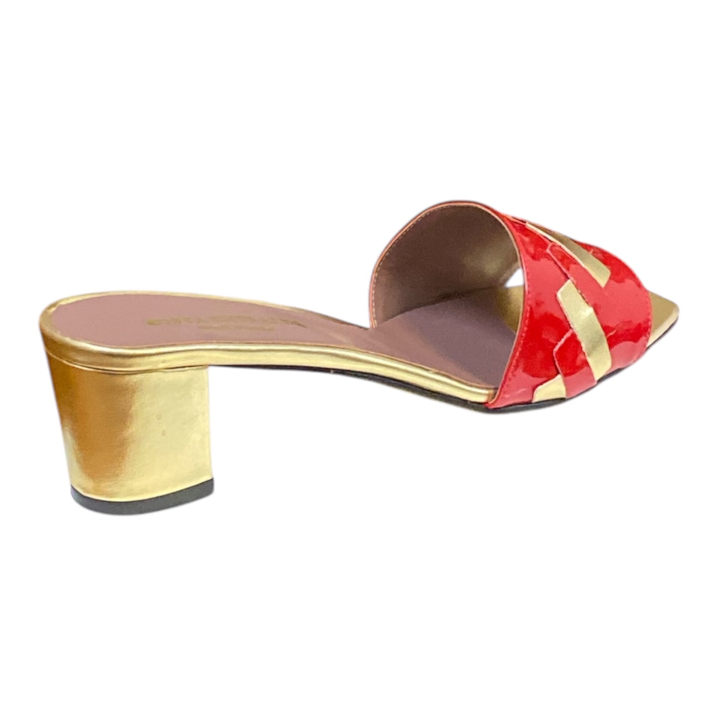 Mules Femmes Cuir Or et Vernis Rouge talon moyen